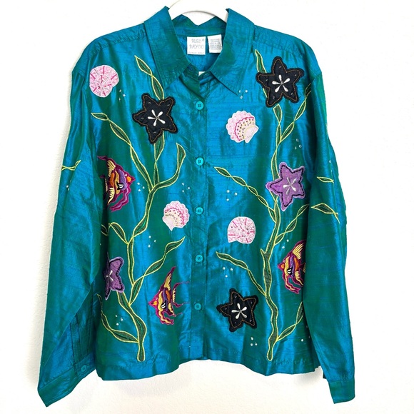 Bleu Bayou Tops - NWT Bleu Bayou Teal Embroidered Silk Long Sleeve Blouse Women’s XL Nautical Sea